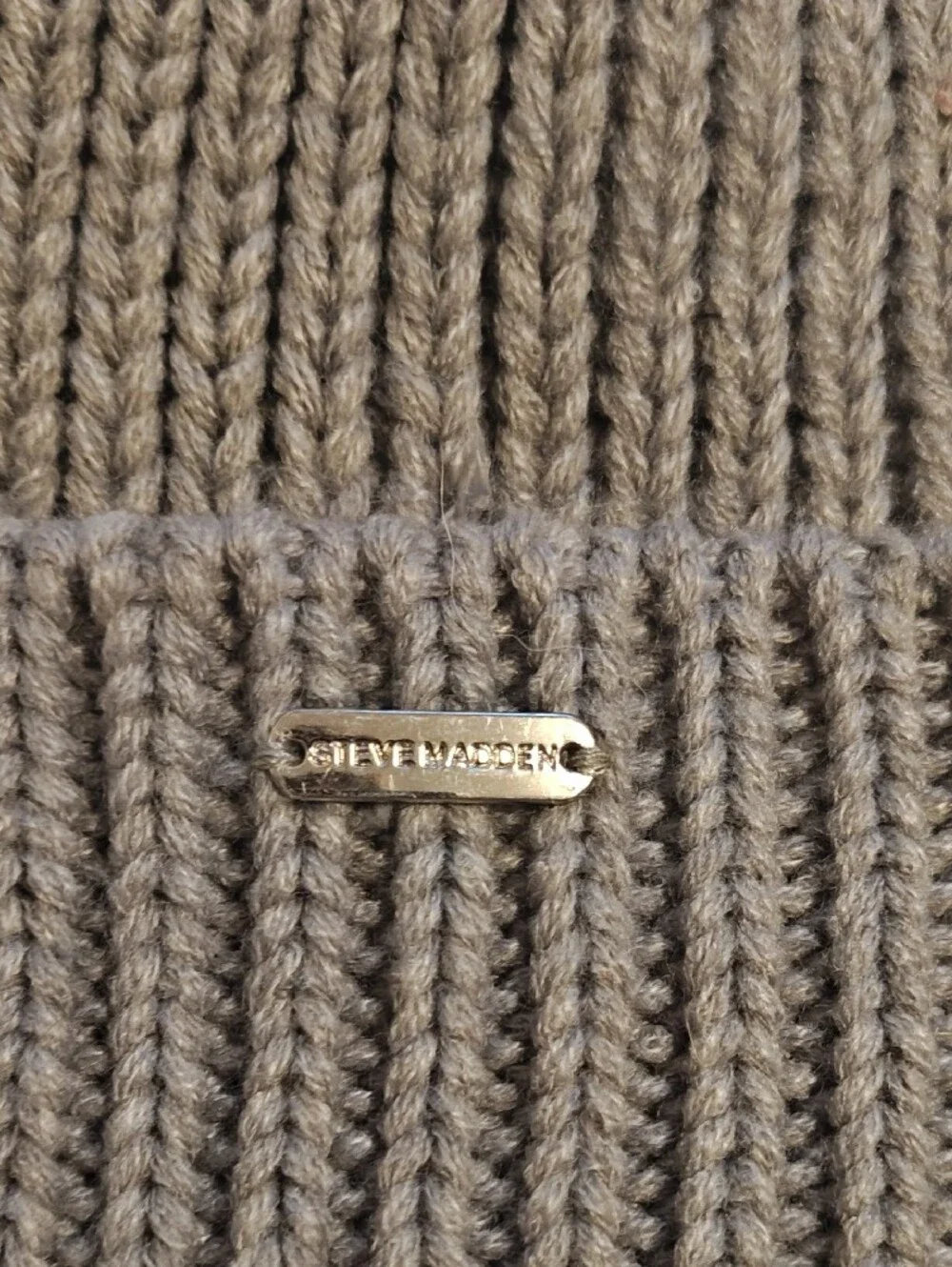Steve Madden Taupe Knit Beanie with Gold Logo Plaque